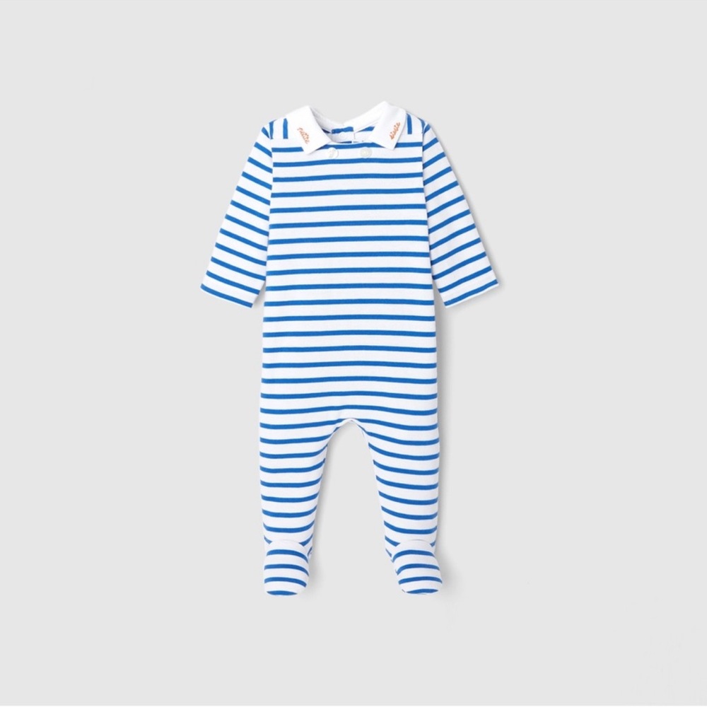 Jacadi Blue and White Striped Footed Romper